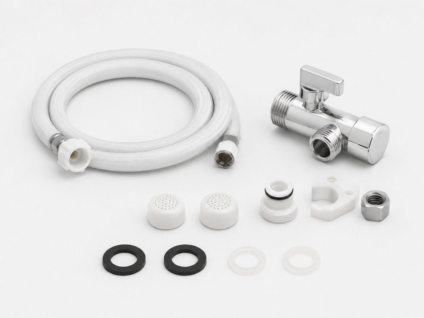 Bidet installation accessories including hose, valve, washers, and fittings