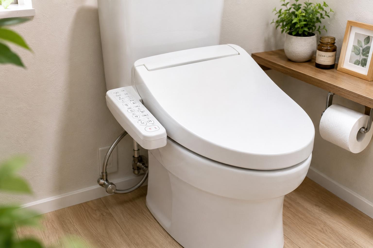 White electronic bidet toilet seat with side controls installed in a bright modern bathroom